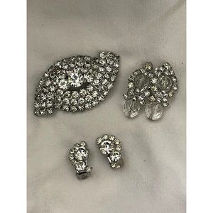 Vintage Rhinestone Encrusted Brooch and 2 Pairs Rhinestone/Bead Clip-on Earrings